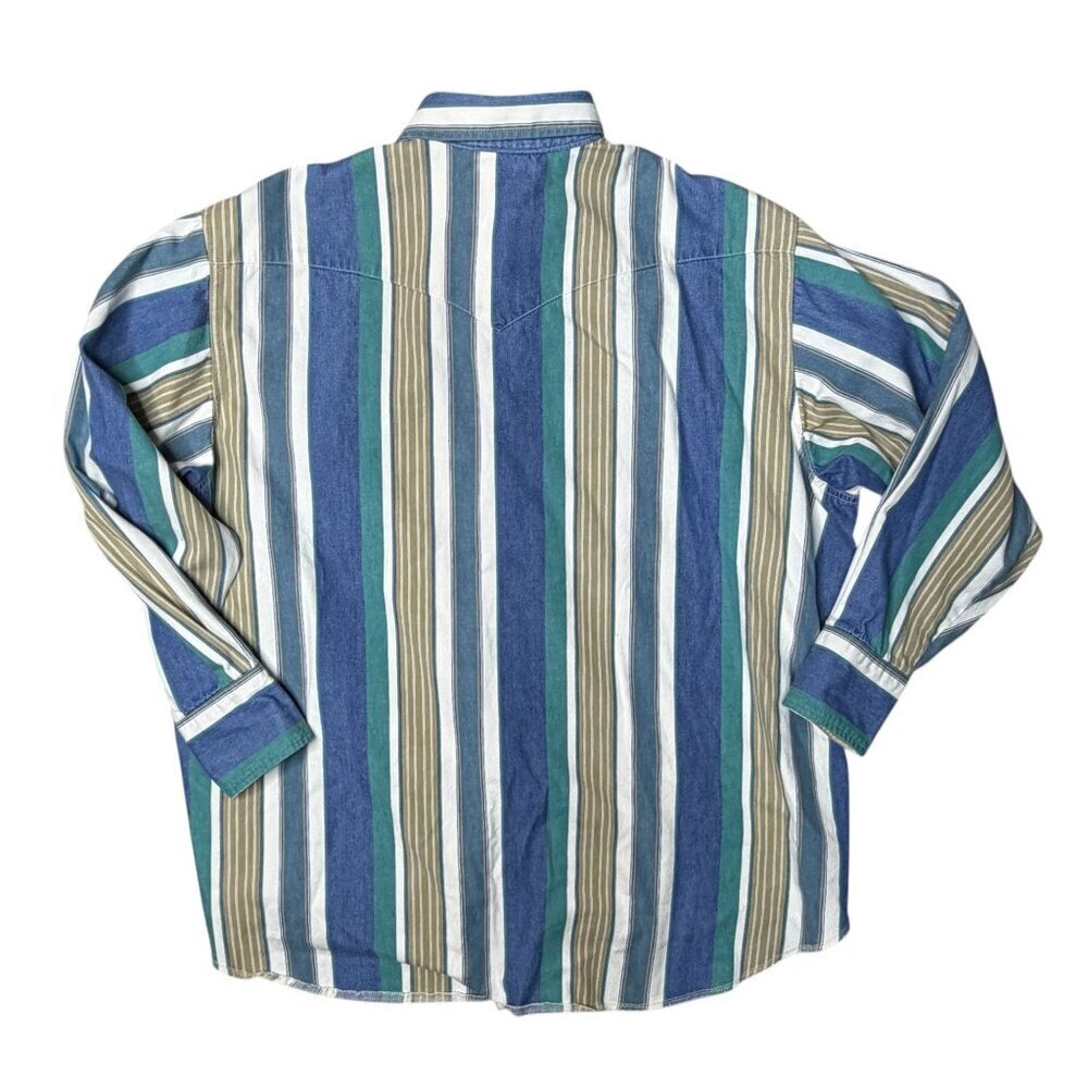 Vtg Wrangler Brushpopper Shirt Size XL Pearl Snap Western Cowboy Stripe Long Tai - Picture 3 of 7